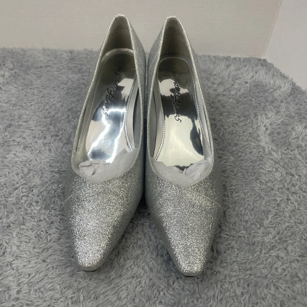 Easy Street Alive 5 Pumps Womens 8.5WW Silver Glitter Pointed Toe Kitten Heels